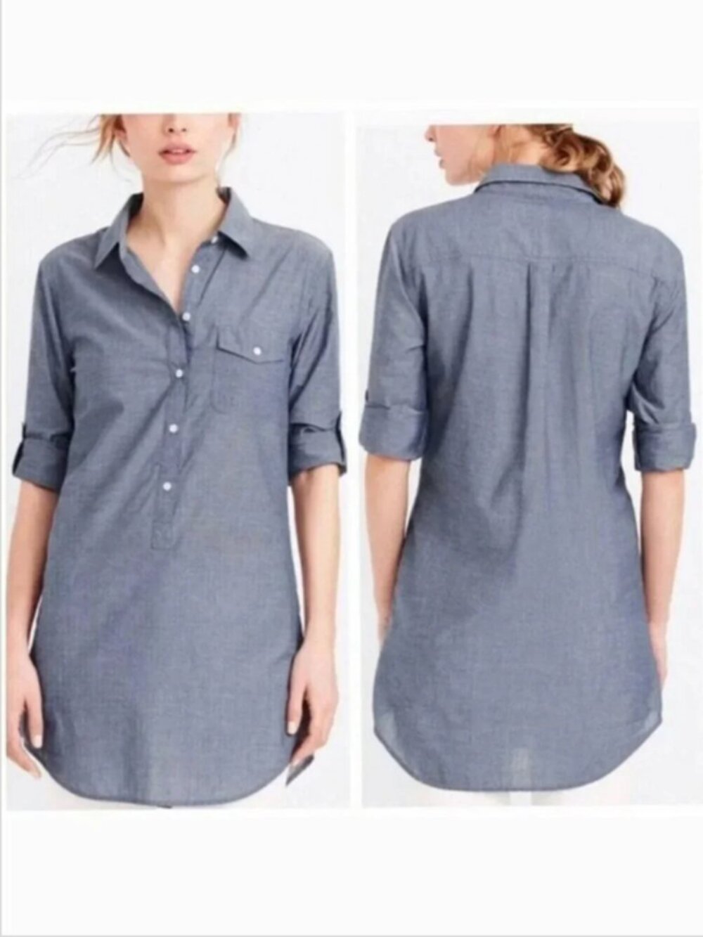 J. Crew Chambray Tunic Top Blue Long Sleeve 100% Cotton Coporate Wardrobe Staple